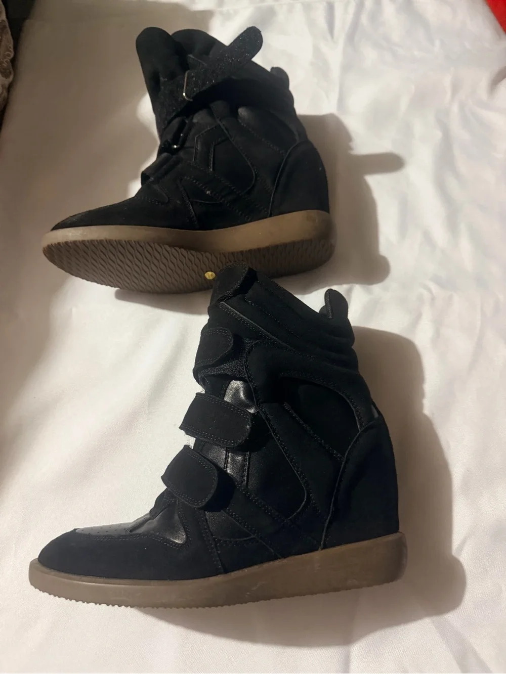 Black Suede Wedge High-Top Sneaker Boots with Velcro Straps